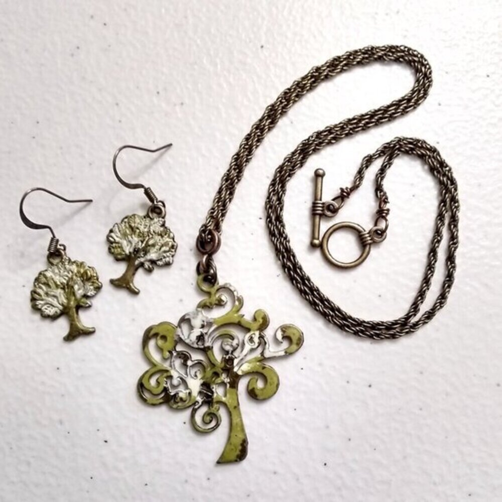 Tree of Life! Patina Painted Bronze Necklace & Earrings Set | Mossy Oak Colors